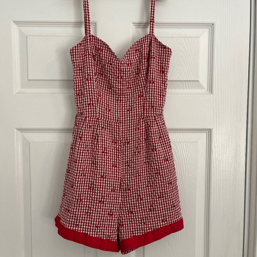 Unique Vintage red cherry gingham romper skirt set